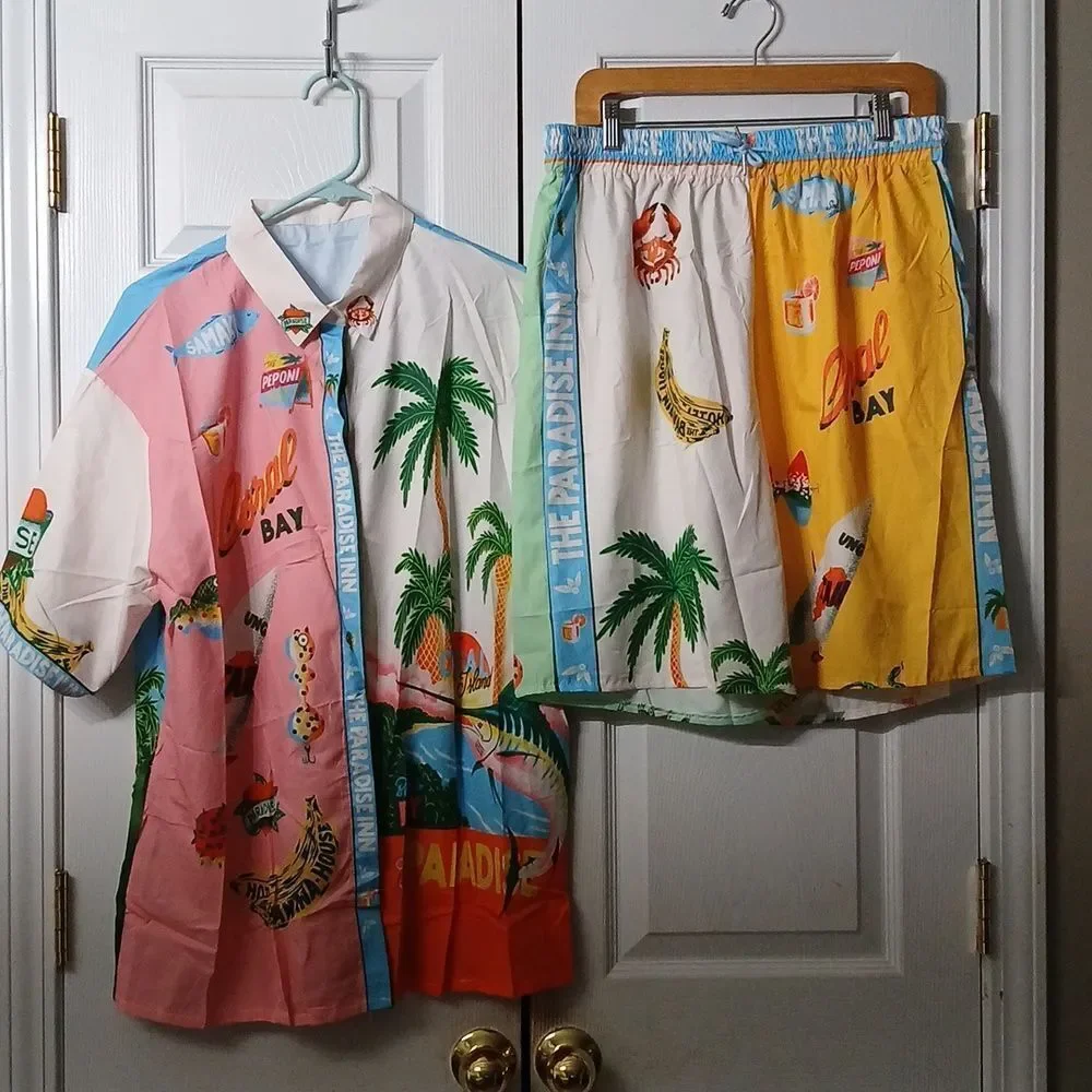 Paradise Inn Tropical Beachy Y2K lounge pajama set  shirt shorts  Sz 2XL  NWOT